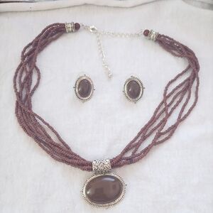 Oval Gemstone Pendant Necklace on Six Strings with Matching Earrings